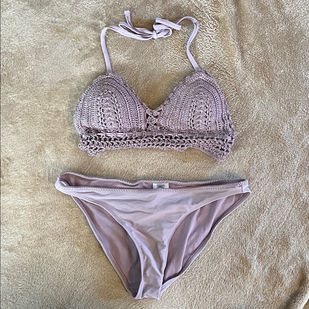 Crochet Bralette Bikini Set in Dusty Mauve